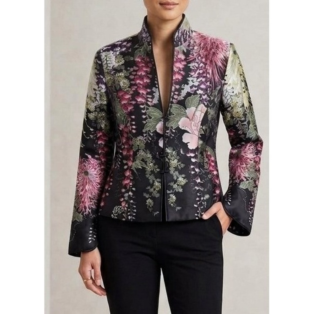 90s Vintage JS Collections Silk Blend Floral Covered Button Evening Blazer Sz 10